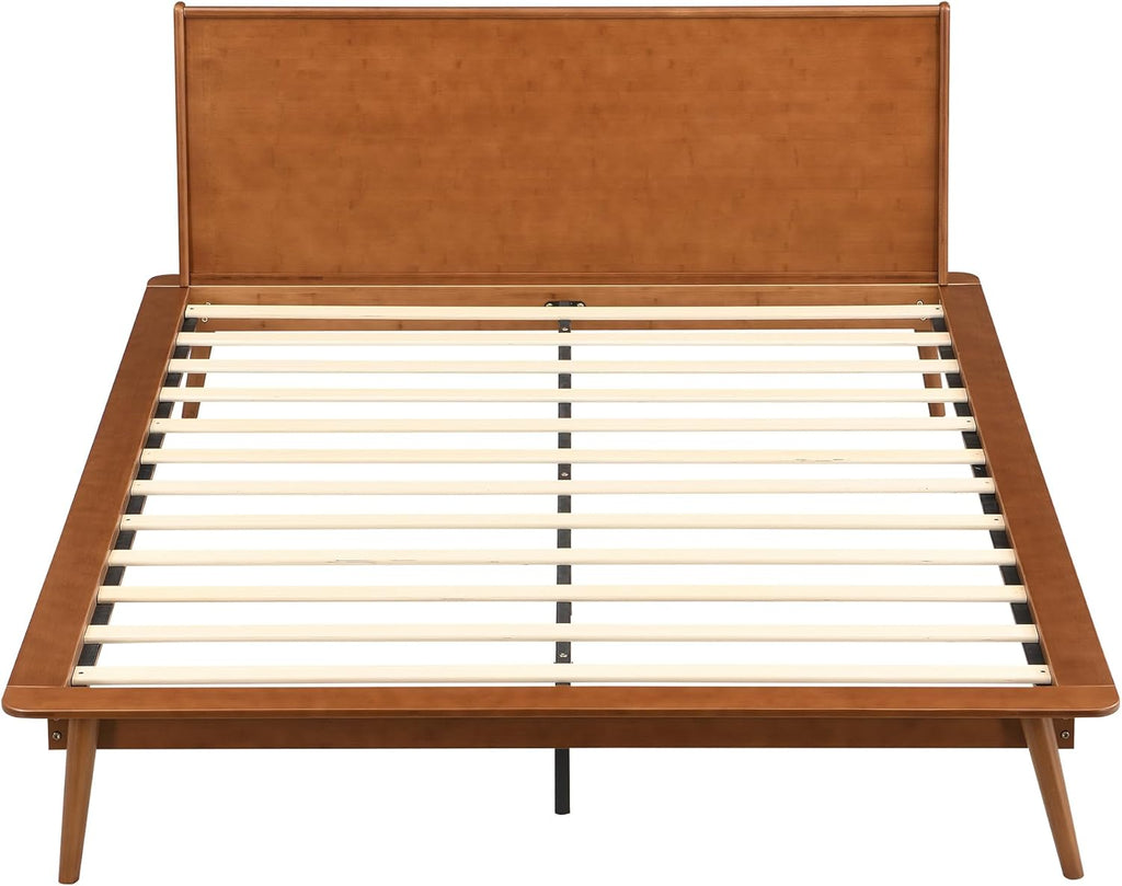 Queen Size Bamboo Platform Bed Frame with Headboard, Walnut Brown