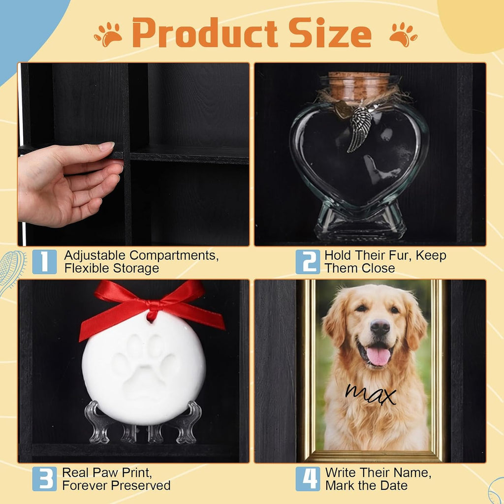 Black Pet Memorial Shadow Box with Heart Glass Bottle 14 x 11 in Dog Paw Print Clay Keepsake Display Frame for Lost