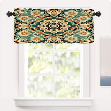 Floral Pattern Blackout Short Curtains for Windows, Intricate Decorative Design Kitchen Valance Thermal Insulated Rod