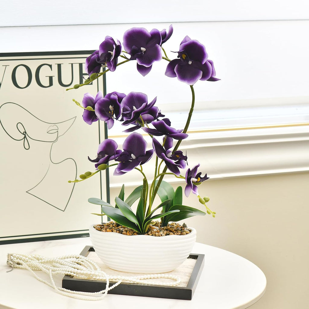 Large Silk Orchid in Wave Pot 19" Phalaenopsis Plant for Table, Deep Purple