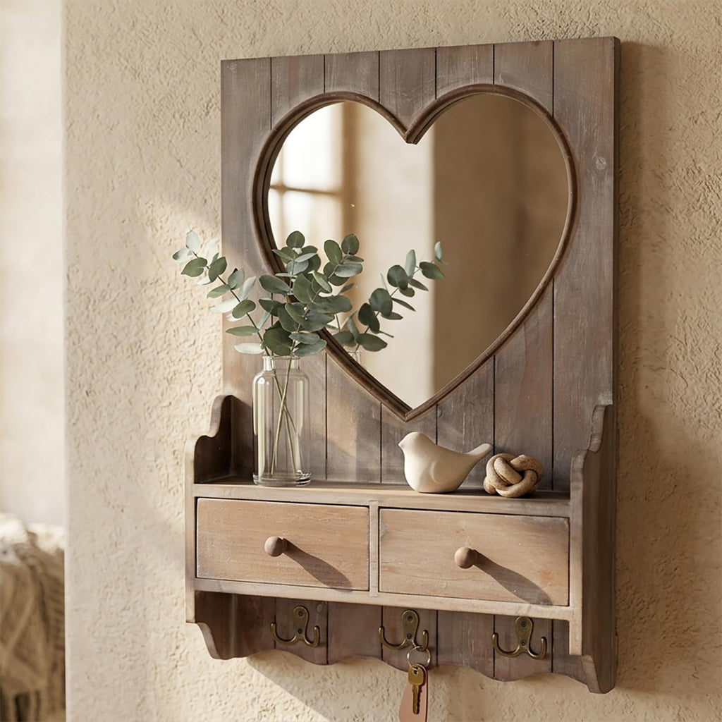 Rustic Farmhouse Wooden Entryway Mirror with Shelf and Hooks, 16"x24" Heart Shape Wood Frame Wall Mirror with Storage
