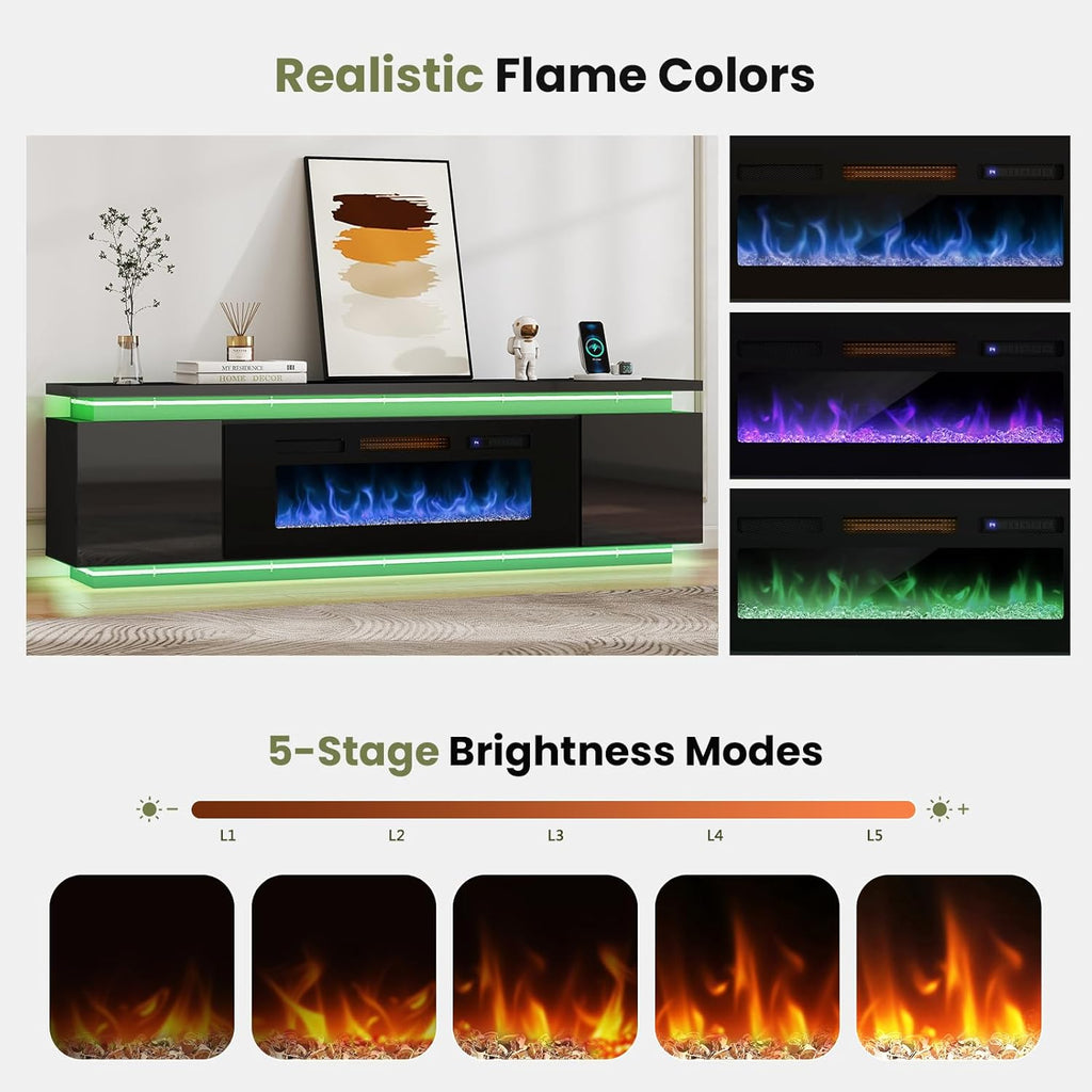Fireplace TV-Stand with 40" Fireplace - 2 LED Light TV-Stand for 85 inch TVs - Entertainment Center with 4 AC Power