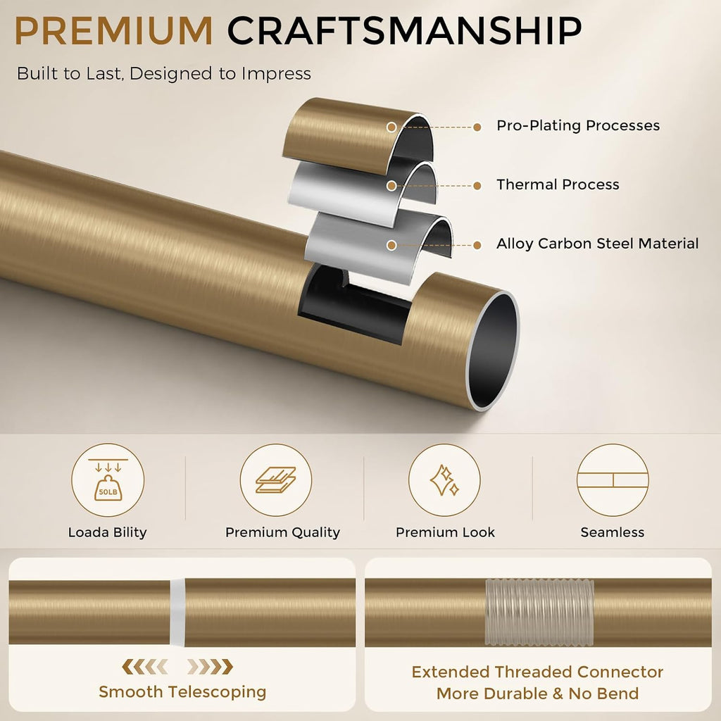 Brass Gold Curtain Rod 34-152 Inch, Brushed Warm Gold Extra Long Antique Bronze Window Treatment Rods, 1 Inch