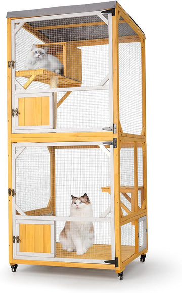 71.7" Catio Outdoor Cat Enclosure, 4 Tier Wooden Cat House with Wheels, Indoor Outdoor Cat Cage with Window Access