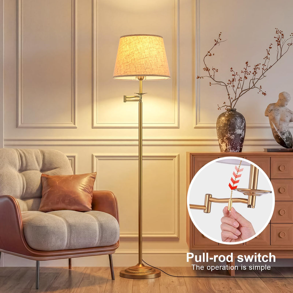 Gold Brass Swing Arm Floor Lamps with 3-Color Bulb, Eye-care Reading Light