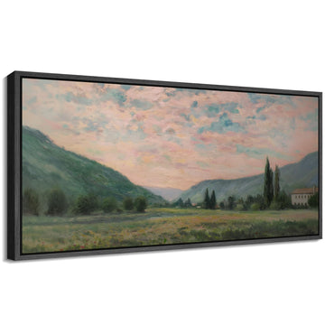 Extra Large Framed Canvas Print Impressionist Countryside Valley Sunset Illustrations Decorative Colorful Multicolor