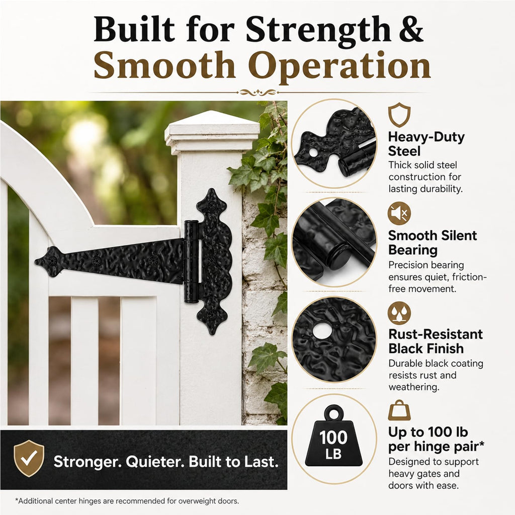 6 Inch Decorative Hammered Tee Hinge, 2 Pack Black Heavy Duty T-Strap Hinges for Garden Gates, Shed Doors, Barns &