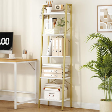 Ladder Shelf, Bookshelf Bookcase, Freestanding Corner Storage Shelve with 2 Hooks, Industrial