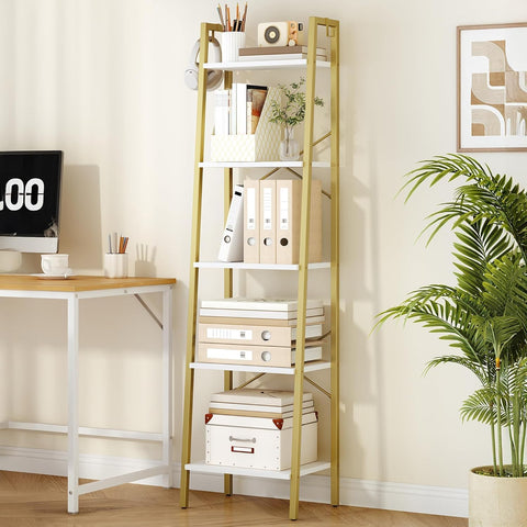 Ladder Shelf, Bookshelf Bookcase, Freestanding Corner Storage Shelve with 2 Hooks, Industrial
