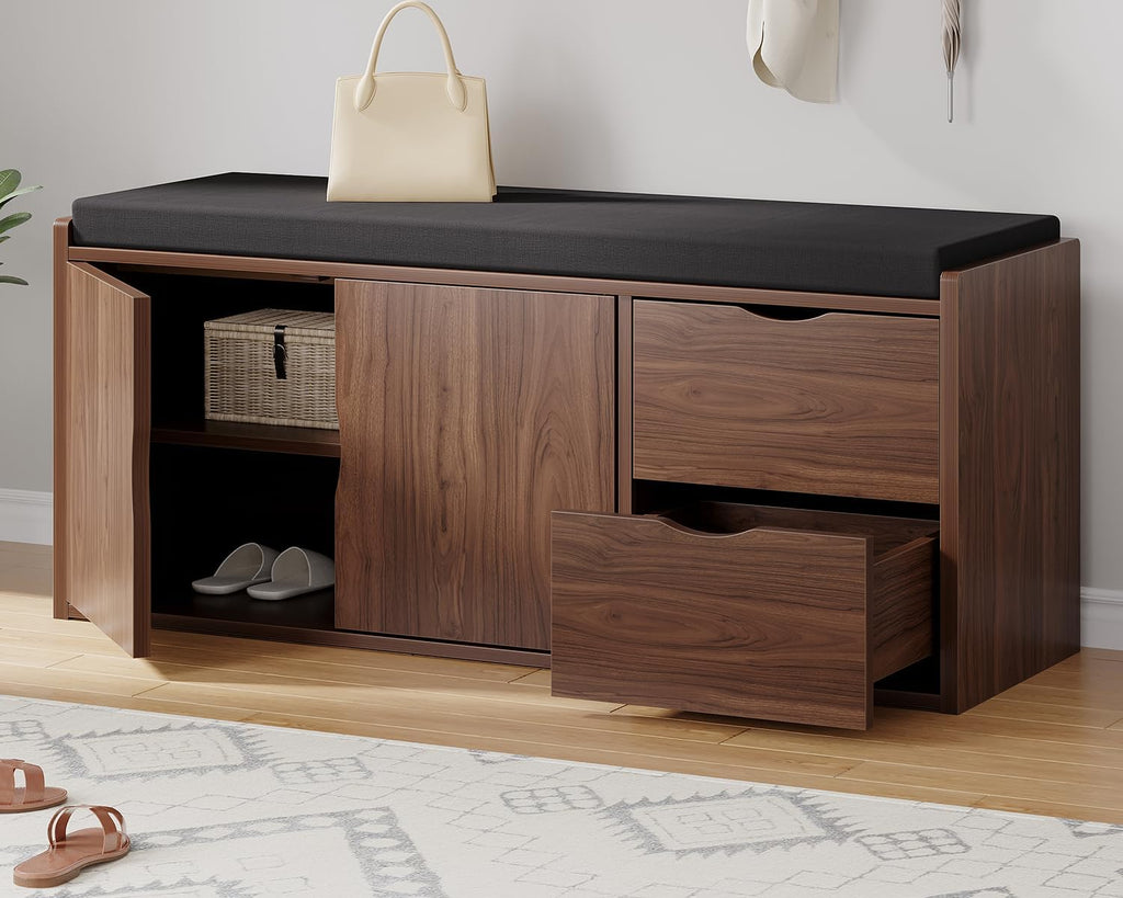 40" Entryway Storage Bench with Padded Seat Cushion, Wood Hidden Shoe Organizer Bench with 2 Drawers Cabinet