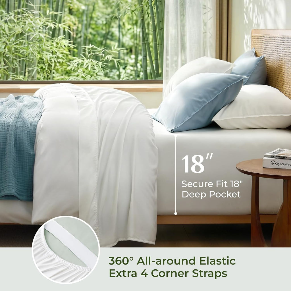 Bamboo Viscose Sheets - 100% Organically Grown, 18" Deep Pocket King Sheet Set, All Round Elastic & Corner Straps