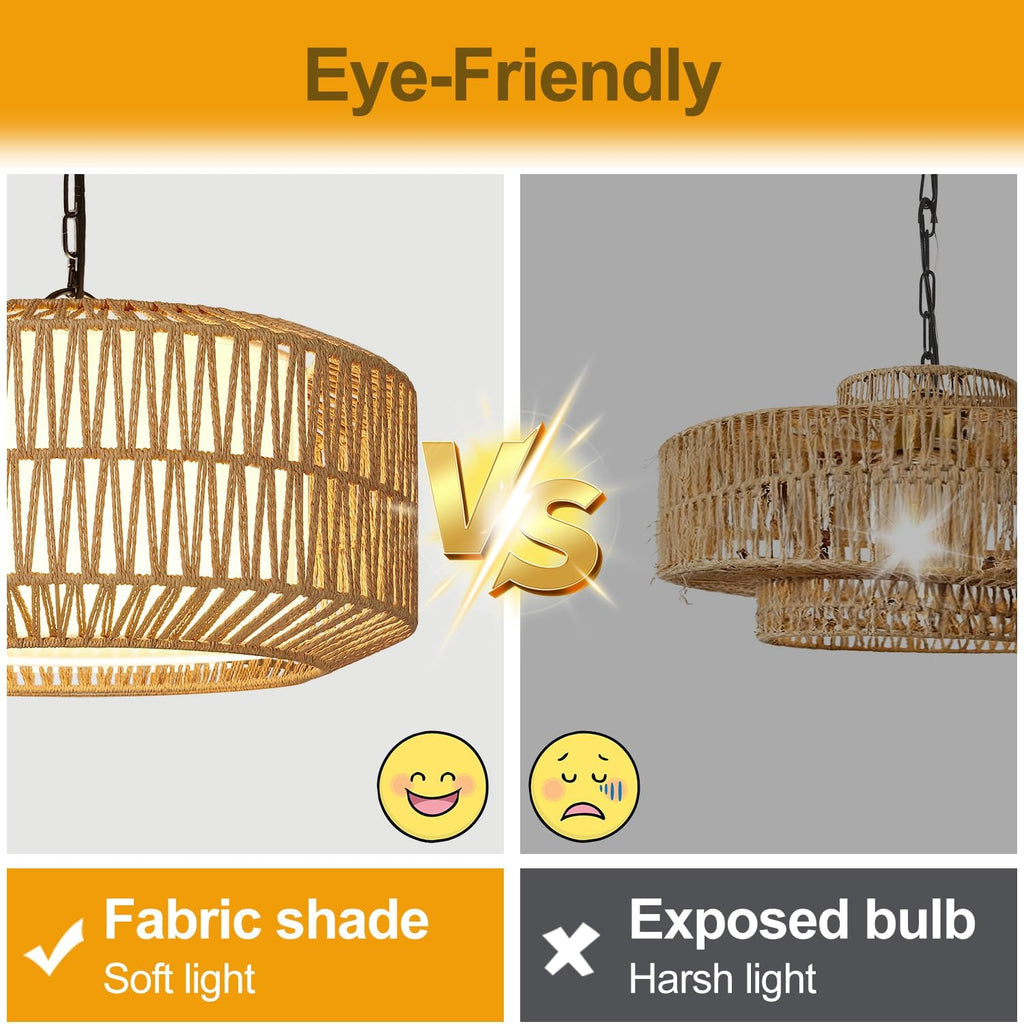 19" Rattan Chandelier, Gold Boho Dining Room Light Fixture