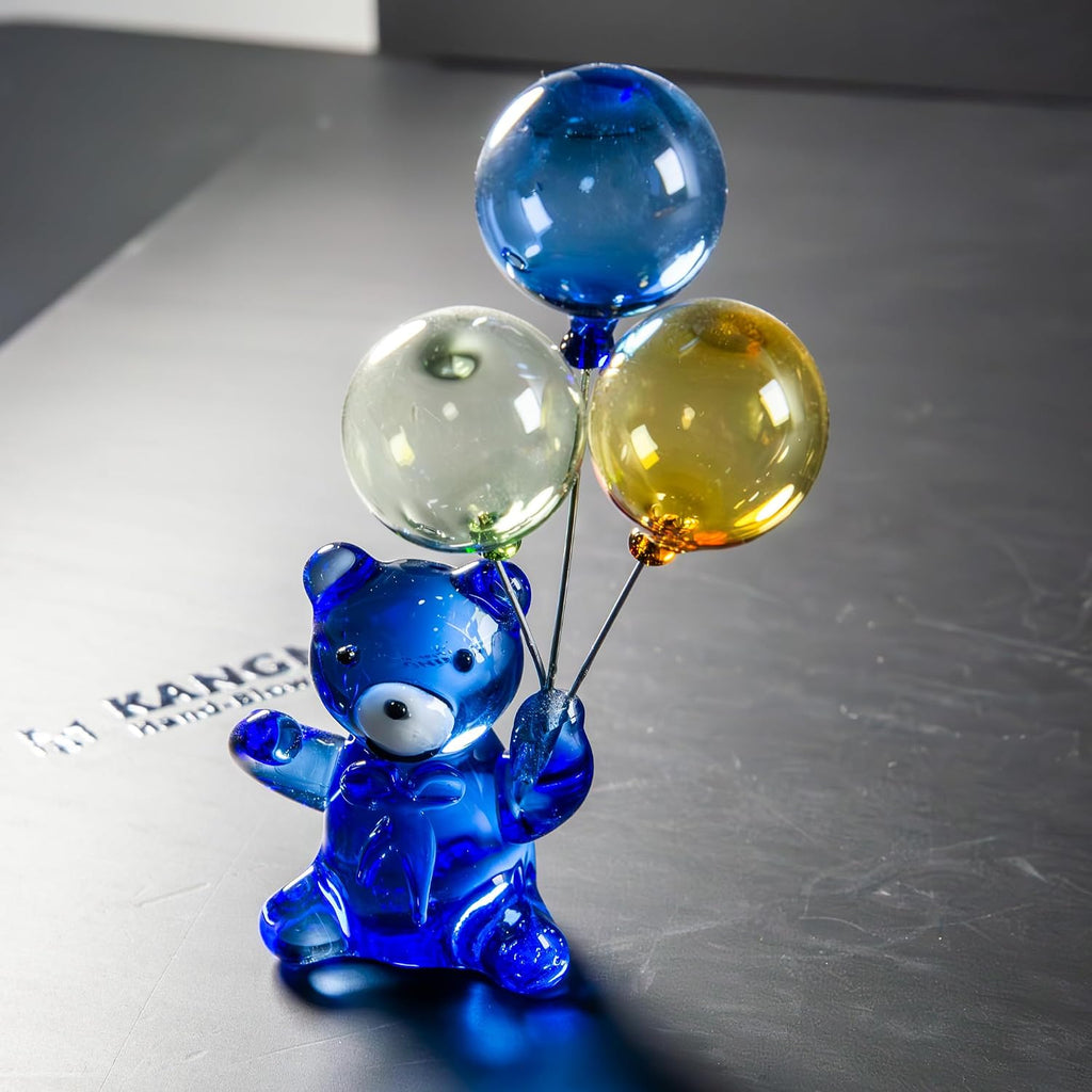 Hand-Blown Glass Bear Figurine with Balloons, Sapphire Blue Animal Sculpture, Kawaii Room Decor & Refreshing Desk