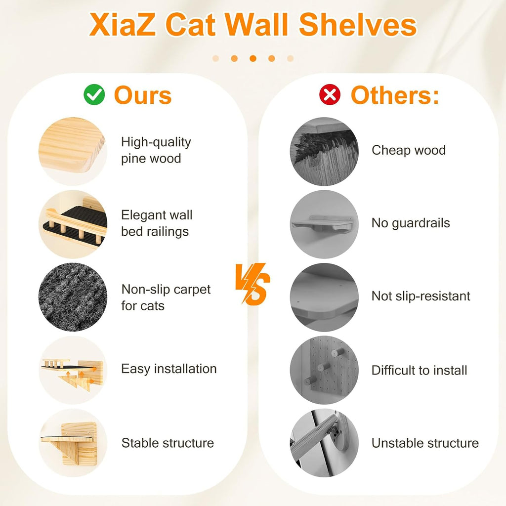 Cat Wall Shelves, Cat Wide Climber Shelf with 3 Perch Steps, Kitty Wall Mounted Wooden Furniture up to 25lbs, Durable