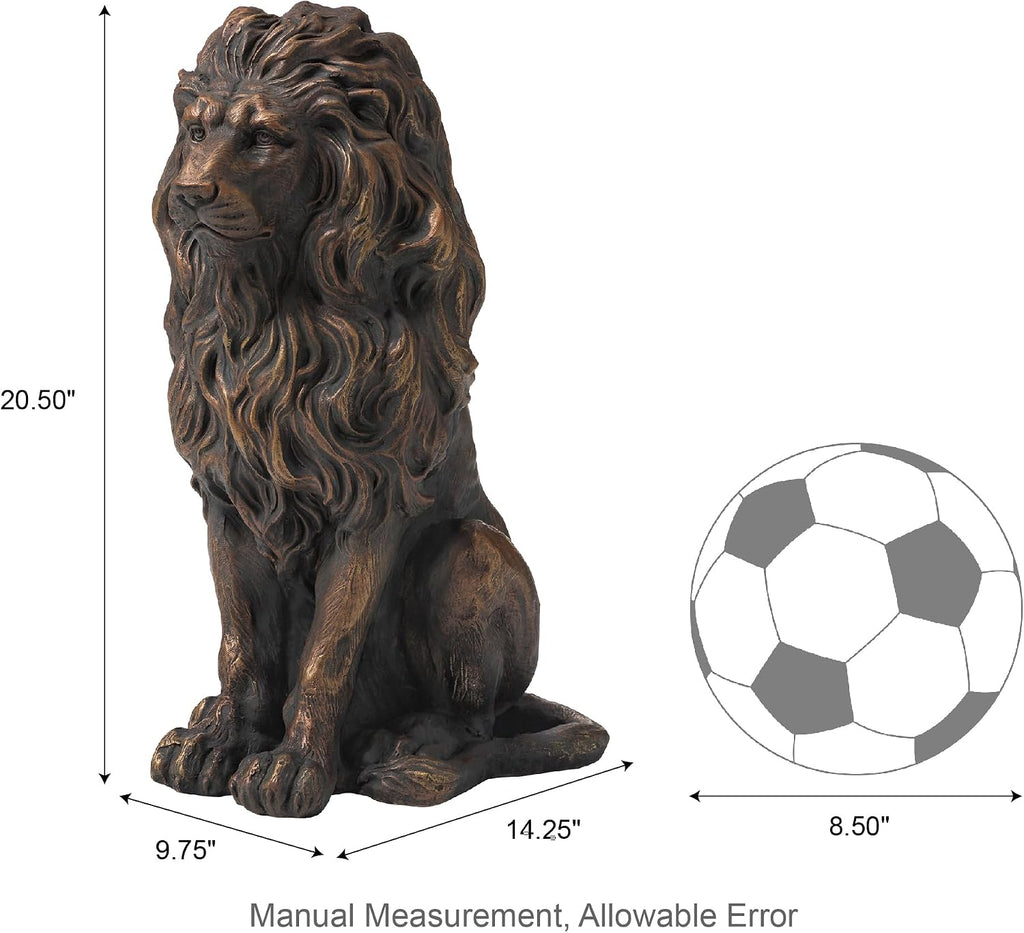 Guardian Sitting Lion Statue Regal Indoor and Outdoor Garden Sculpture Entrance Porch and Yard, 20.5in Tall, Bronze