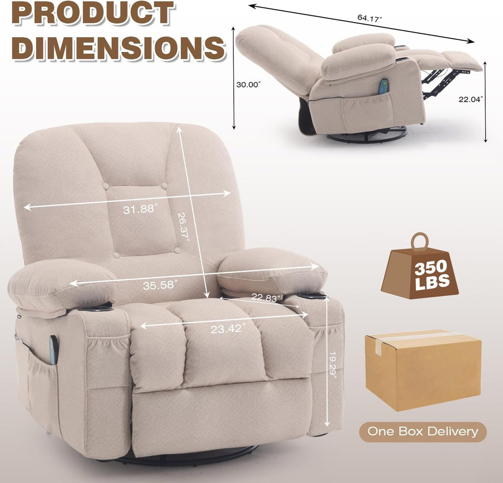 Rocking Recliner Chair with Massage Heat, Beige | Overstuffed Rocker Swivel Glider Sofa, Manul, Fabric, Living Room