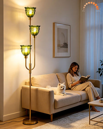 Green Glass Floor Lamp 66IN 3-Light Modern Gold Dimmable Tree Floor Lamps