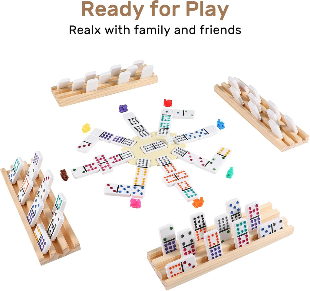 Mexican Train Dominoes Set with 4 Wooden Trays/Racks, Double 12 Dominos Travel Set with 4 Domino Tiles Holders, 91