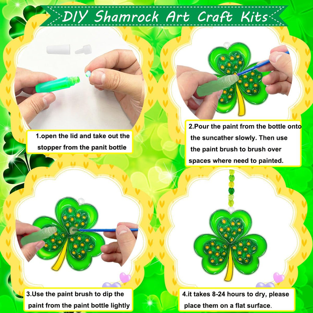 St. Patrick's Day Shamrock Suncatchers Ornaments DIY Window Paint Art Craft Kit 32pcs Irish Lucky Shamrock Four-Leaf
