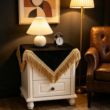 Square Black Velvet Tablecloth for Nightstand Solid Color Coffee Table Cover with Tassel Soft Velvet Fabric Washable