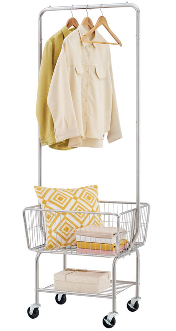Rolling Laundry Cart with Hanging Rack & Laundry Basket, Silver