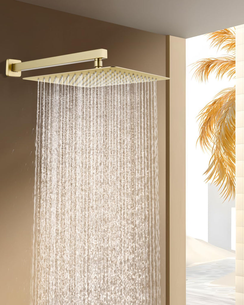 12 Inch Brushed Gold Rain Shower Head with Extension Arm, Rainfall Square Showerhead with 16 Inch Shower Arm All