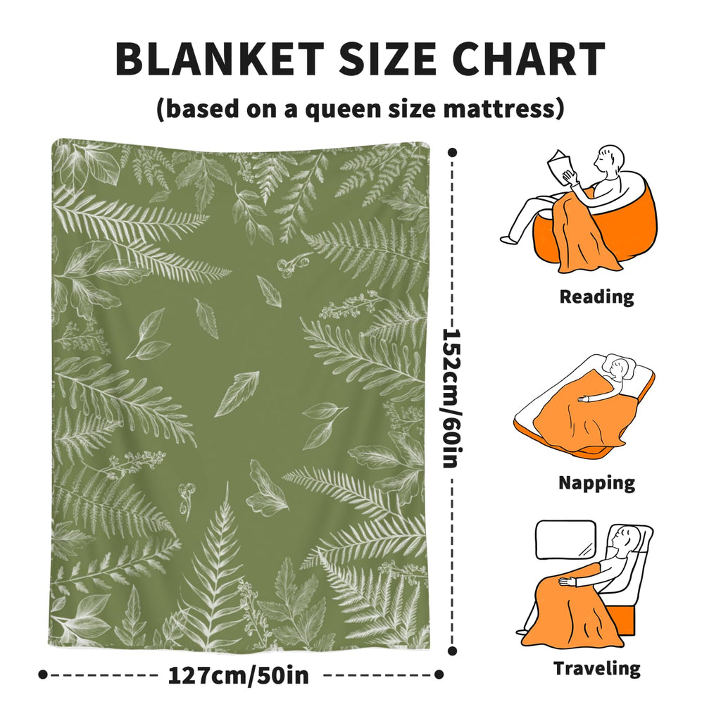 Green Throw Blanket Wild Fern Leaves Plants Blankets and Throws for Couch Sofa, Boho Leaf Decorative Soft Cozy