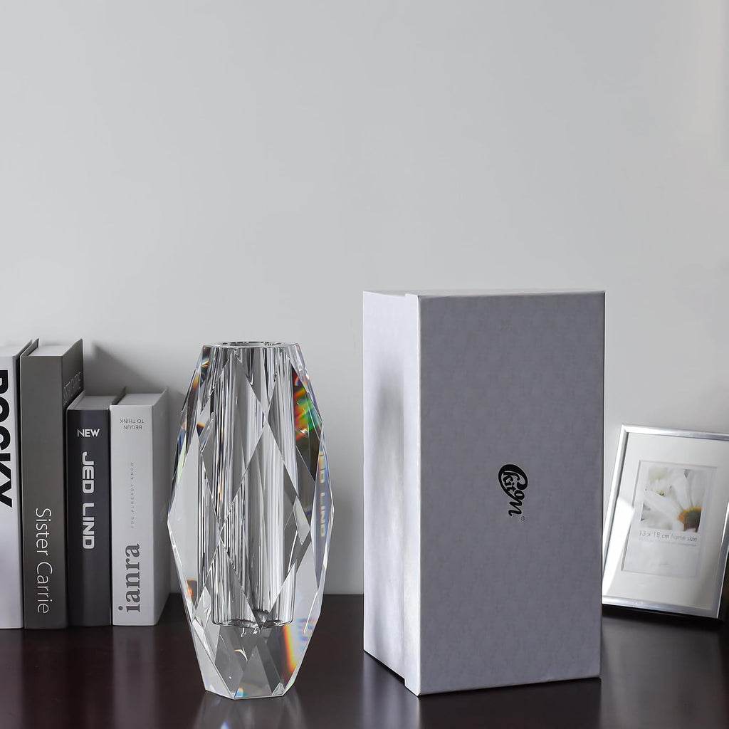 Crystal Vase for Flowers 12", Multi-Faceted Design Vase Christmas Decorations Wedding or Gift, Transparent Color with