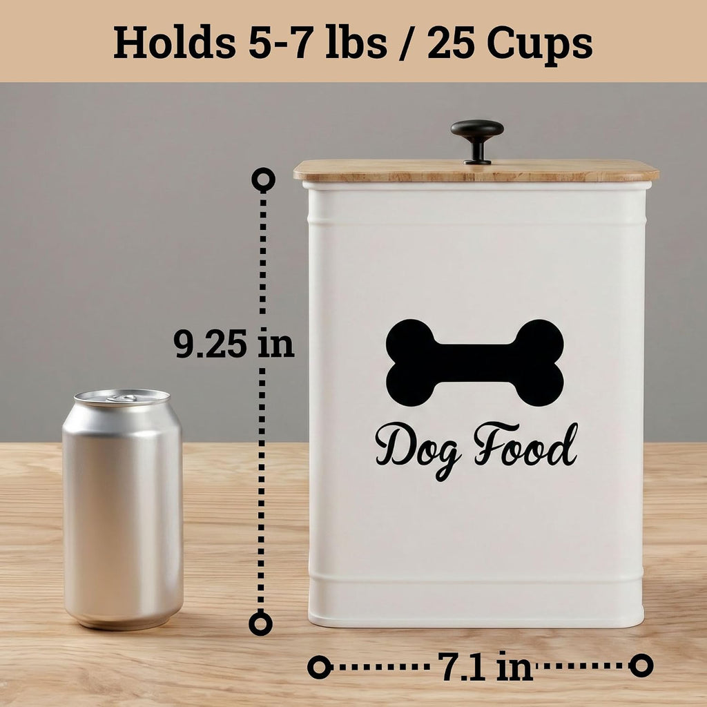 Metal Dog Food Container 5-7lb, 25 Cup w/ Airtight Bamboo Lid, Metal Handle