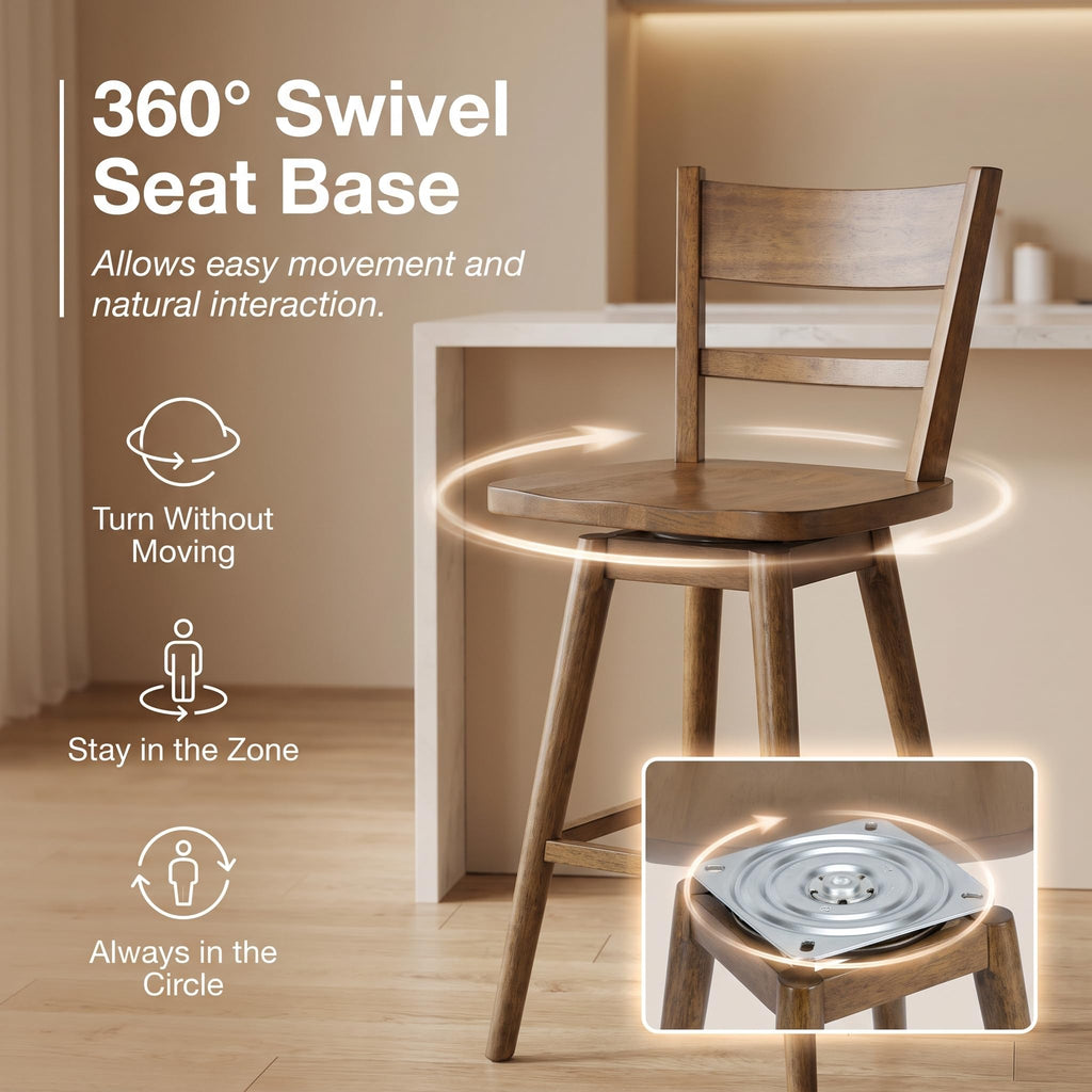 Swivel Counter Stools Set of 6, 24.5" Counter Height Solid Wood Bar Stools with Back & Wood Seat, Walnut Finish, Mid