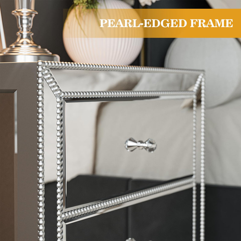Mirrored Nightstand Bedside Table with 3 Drawers, Silver Modern End Table with Crystal Handle, Mirrored Side Table