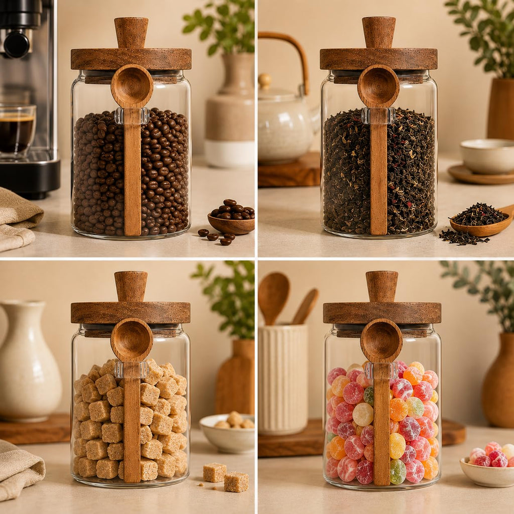 Set of 2 Glass Coffee Canisters, 20.3 oz Jars with Spoons