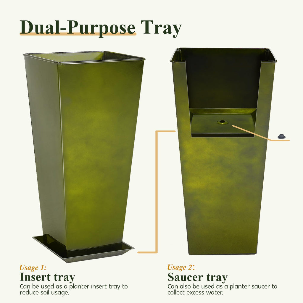 28" Large Metal Glazed Planter Set of 2, Luxurious Glossy Finish Green Tall Square Tapered Steel Plant Pots, Decor