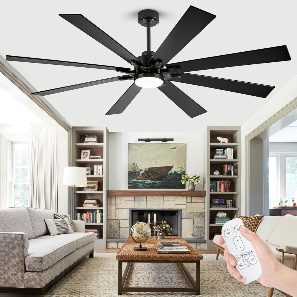 72 Inch Large Industrial Ceiling Fan with Light and Remote, Matte Black Outdoor Ceiling Fans DC Motor with 8 Plywood
