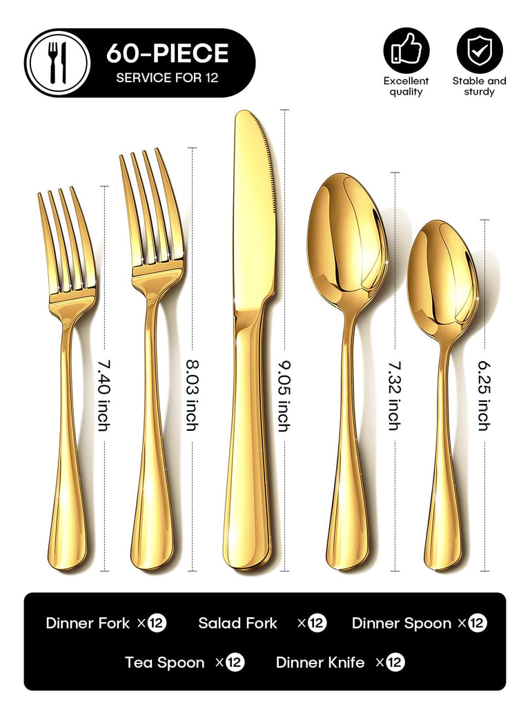 Gold Silverware Set for 12, 60 Piece Stainless Steel Flatware Set, Mirror Polished Food-Grade Cutlery Utensil Set