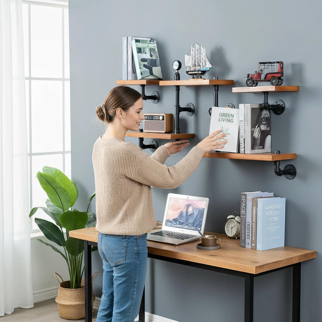 Industrial Pipe Shelves, Wall Ladder Shelving, Corner Wood Bookshelf