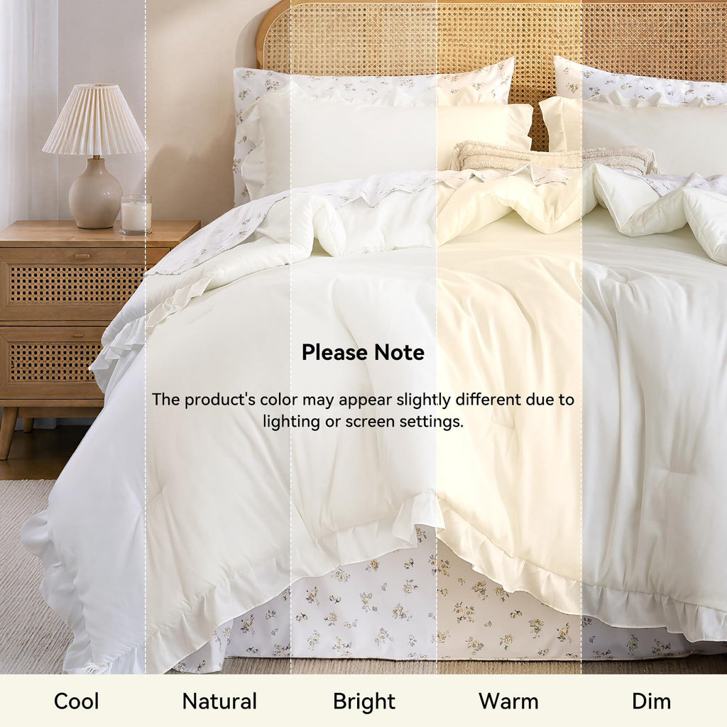 Ruffle Comforter Set with Floral Sheets 7 Pieces Cream White
