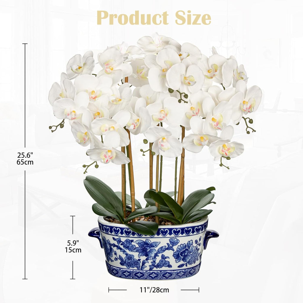 Large White Orchid Artificial Flower in Blue and White Porcelain Pot 25.6" Faux Silk Orchid Arrangement Fake Orchid