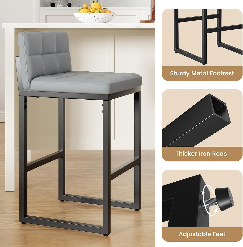 24" Bar Stools Set of 2, Modern Faux Leather Counter Height Bar Stools with Low Back and Footrest, Sturdy Thickened