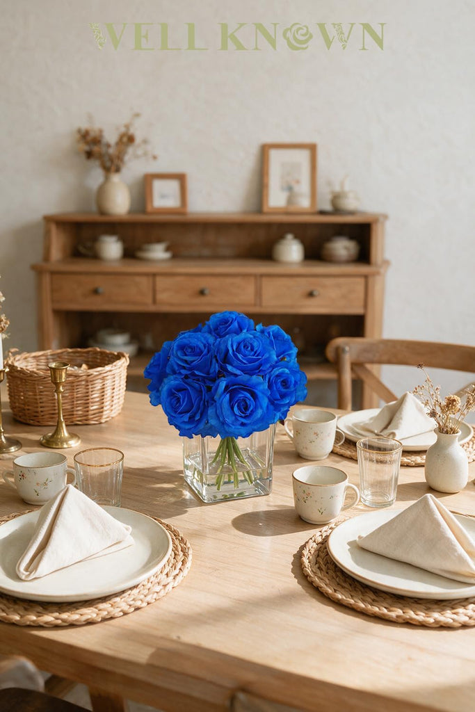 Artificial Royal Blue Rose Flowers in Cube Vase with Faux Water
