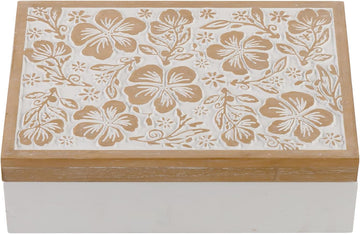 Wooden Keepsake Box - Decorative Floral Wood Boxes with Hinged Lid, Flower Engraved Design, 10.24" W