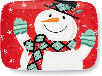 Christmas Whimsy Snowman Rectangular Platter 14x10 Inch - Festive Holiday Ceramic Serving Tray with Cute Snowman Art