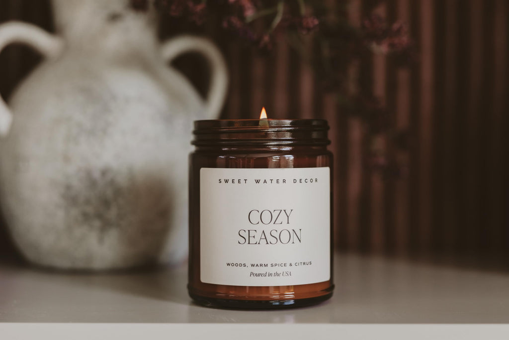 Cozy Season Fall & Winter Candle, 9oz Amber Jar Black Lid
