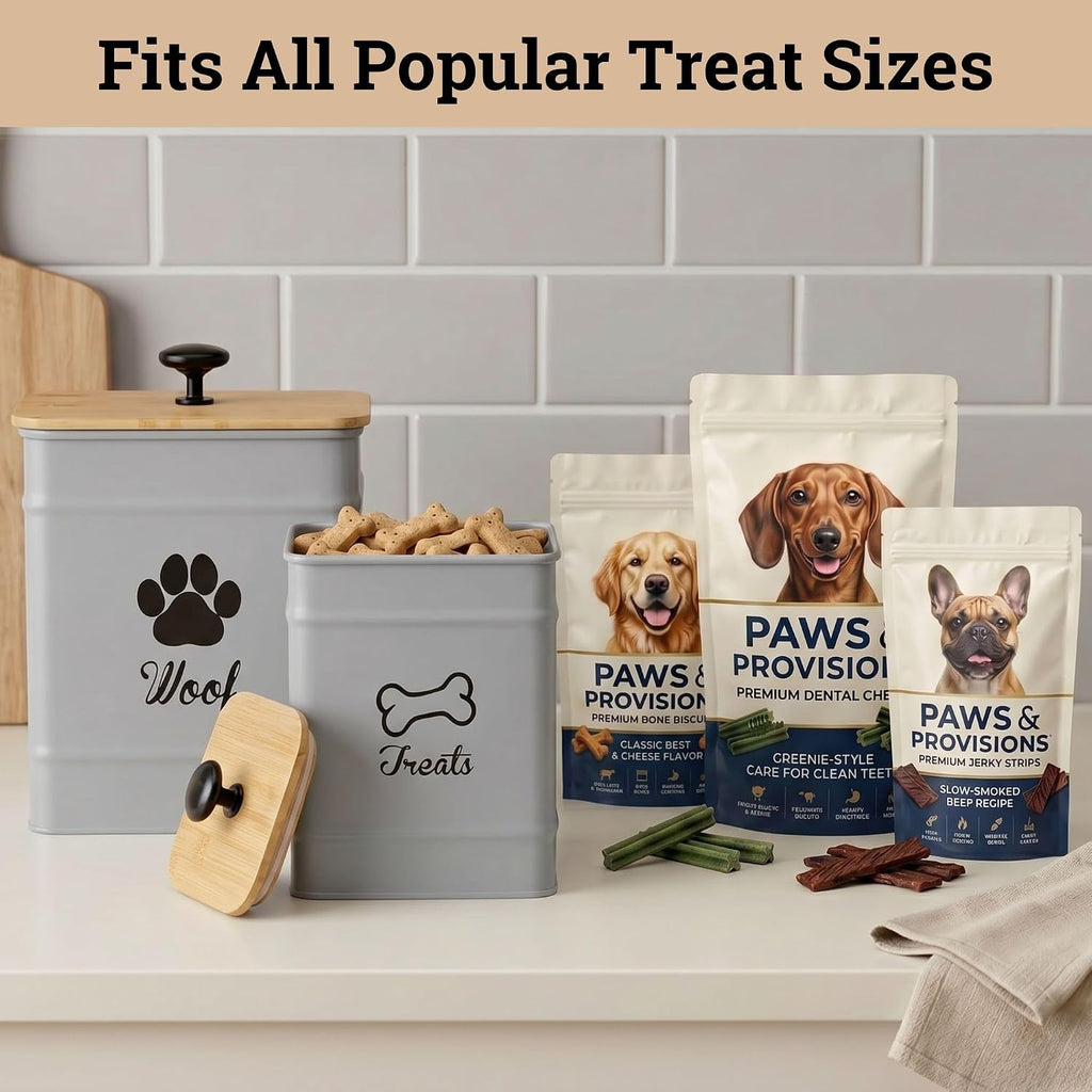 Dog Treat Container Set of 2 with Airtight Bamboo Lids - 8x6 & 7x5 inch