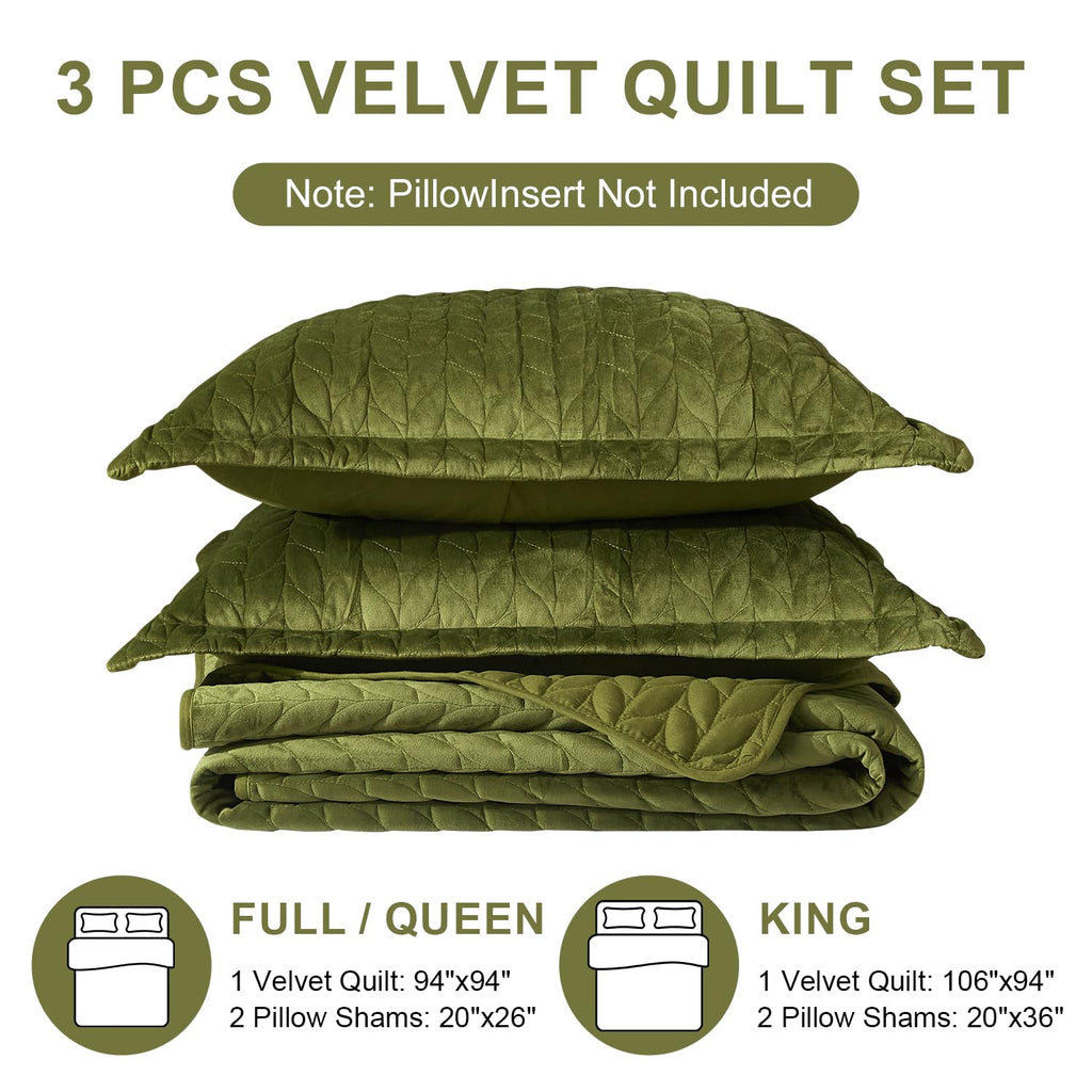 Velvet Quilt, Green Lightweight Bedspread Soft Reversible Coverlet for All Season 3Pcs Luxury Velvet