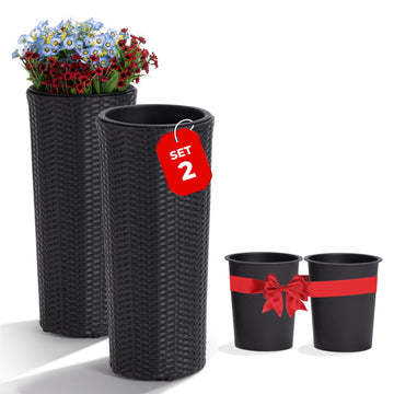 2PCS Rattan Wicker Planters for Outdoor, 24-Inch Tall, Round Black