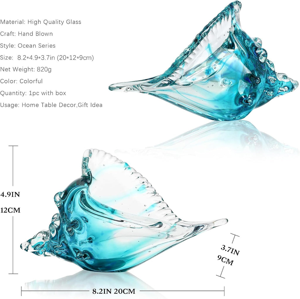 Blown Glass Conch Shell Sculpture, 8.2" Sea Glass Art Decor