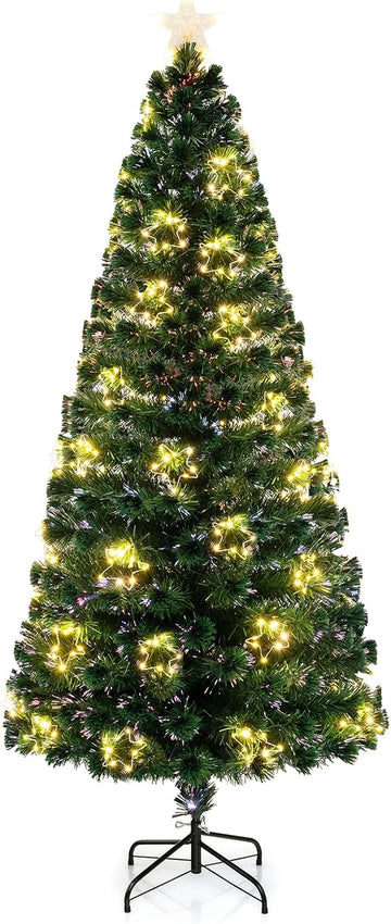 7ft Pre-Lit Fiber Optic Christmas Tree, Artificial Lighted Xmas Tree with 48 Warm-White Shape-Adjustable Star String