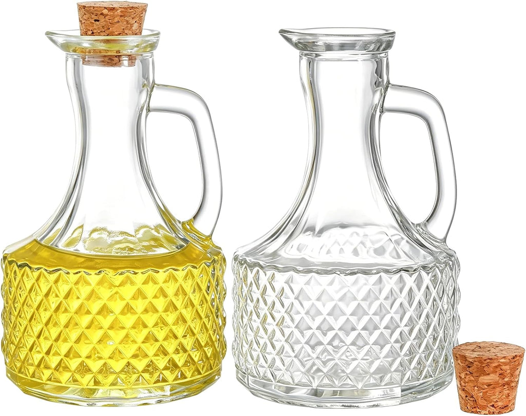 Glass Oil and Vinegar Cruets Bottles, 13.5 Ounce Glass Olive Oil Dispenser Bottle with Handle and Cork, Soy - Set of 4