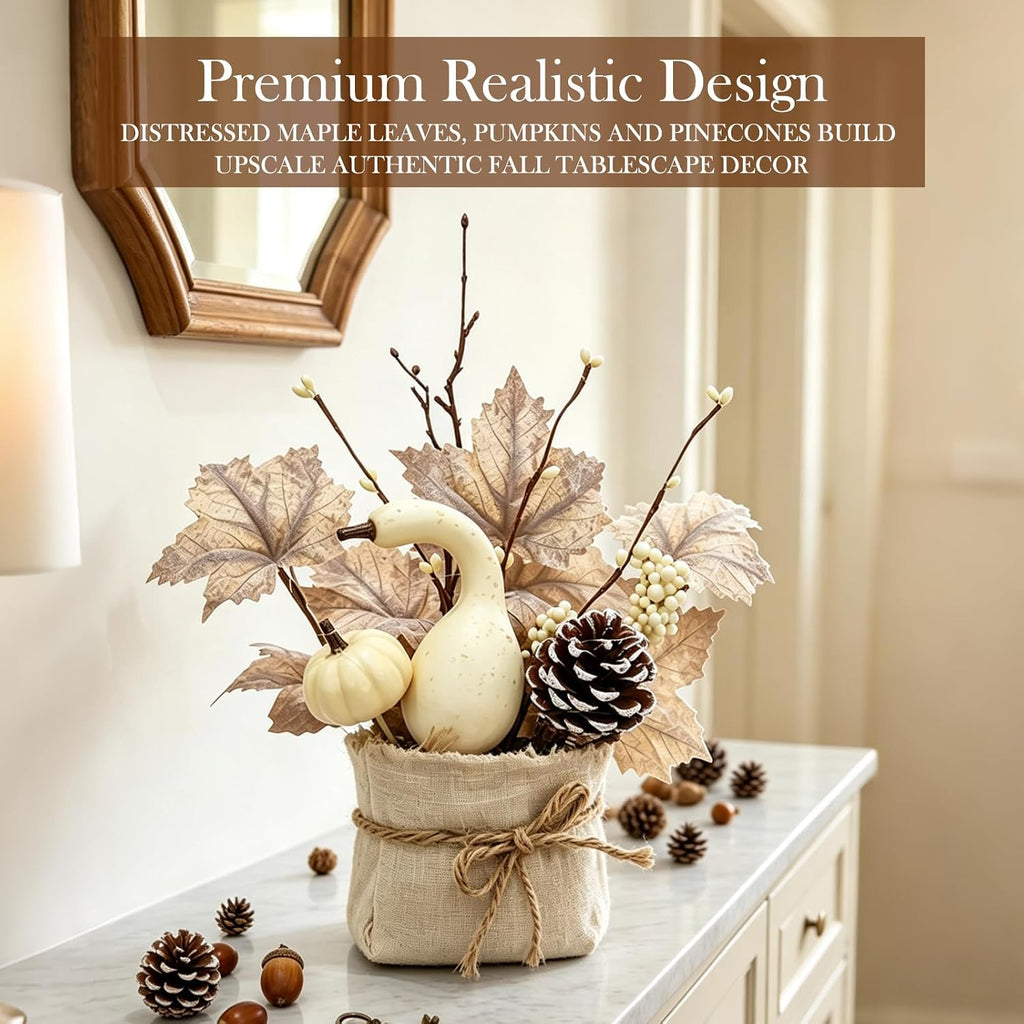 [Light & Timer] Fall Decor 2 Pack Fall Table Centerpieces with 20 LED Tabletop Maple Tree Pumpkin Pinecone Berry - Set of 2